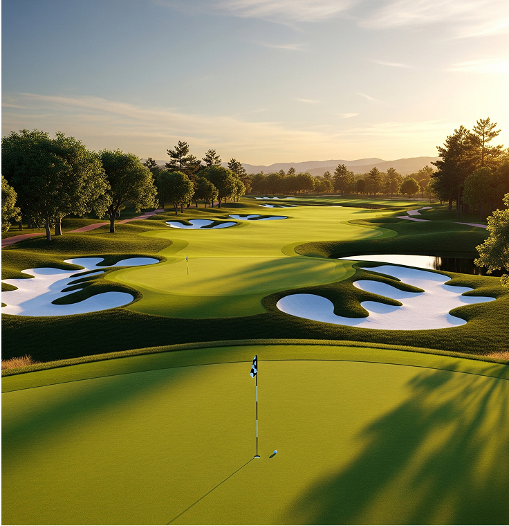 Aerial view of luxury resort golf course with green fairways