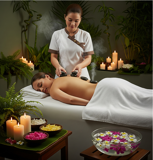 Person enjoying hot stone massage at luxury resort spa